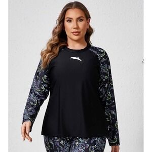 Halcurt Womens Plus Size 4X Rash Guard Long Sleeve Paisley Swim Shirt Black NWT
